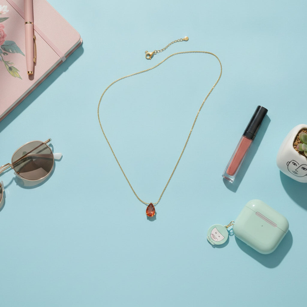 Coral Teardrop Crystal Gold Chain Necklace – jewelry (view 2)