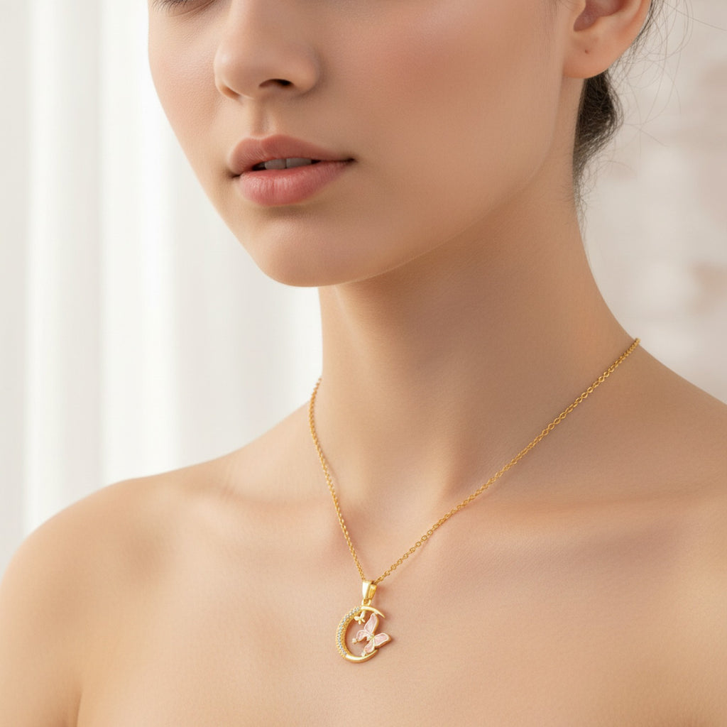 Moon Butterfly Rhinestone Gold Chain Necklace