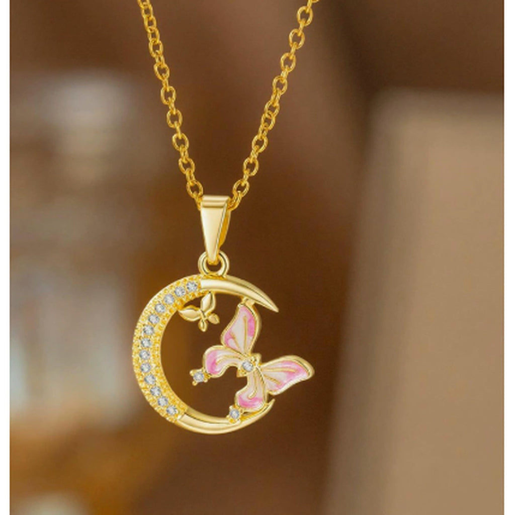 Moon Butterfly Rhinestone Chain Necklace - Drip Glaze Moon Butterfly Necklace Gold #9411