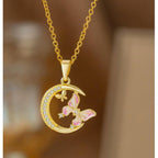 Moon Butterfly Rhinestone Chain Necklace - Drip Glaze Moon Butterfly Necklace Gold #9411