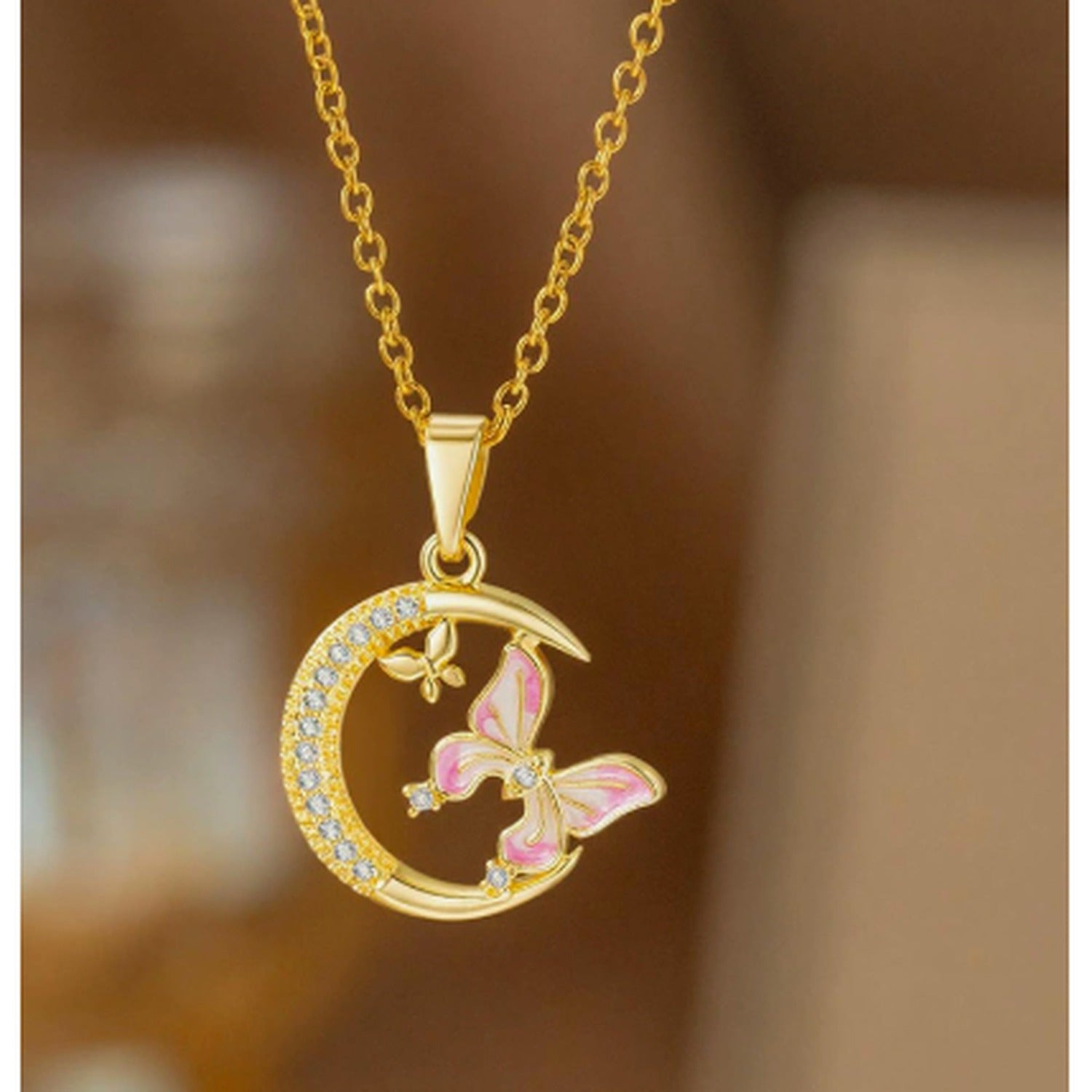 Moon Butterfly Rhinestone Chain Necklace - Drip Glaze Moon Butterfly Necklace Gold #9411