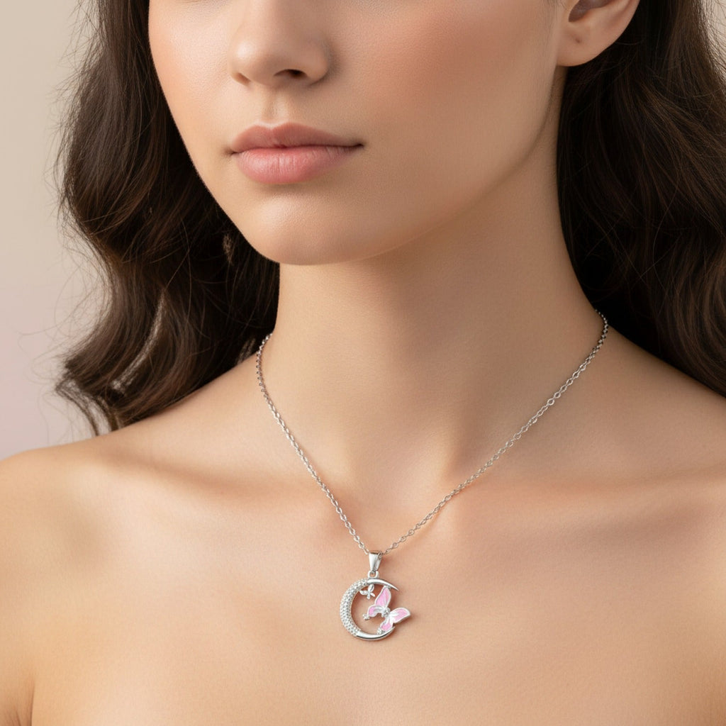 Moon Butterfly Rhinestone Chain Necklace - Drip Glaze Moon Butterfly Necklace Silver #9412 – jewelry (view 2)