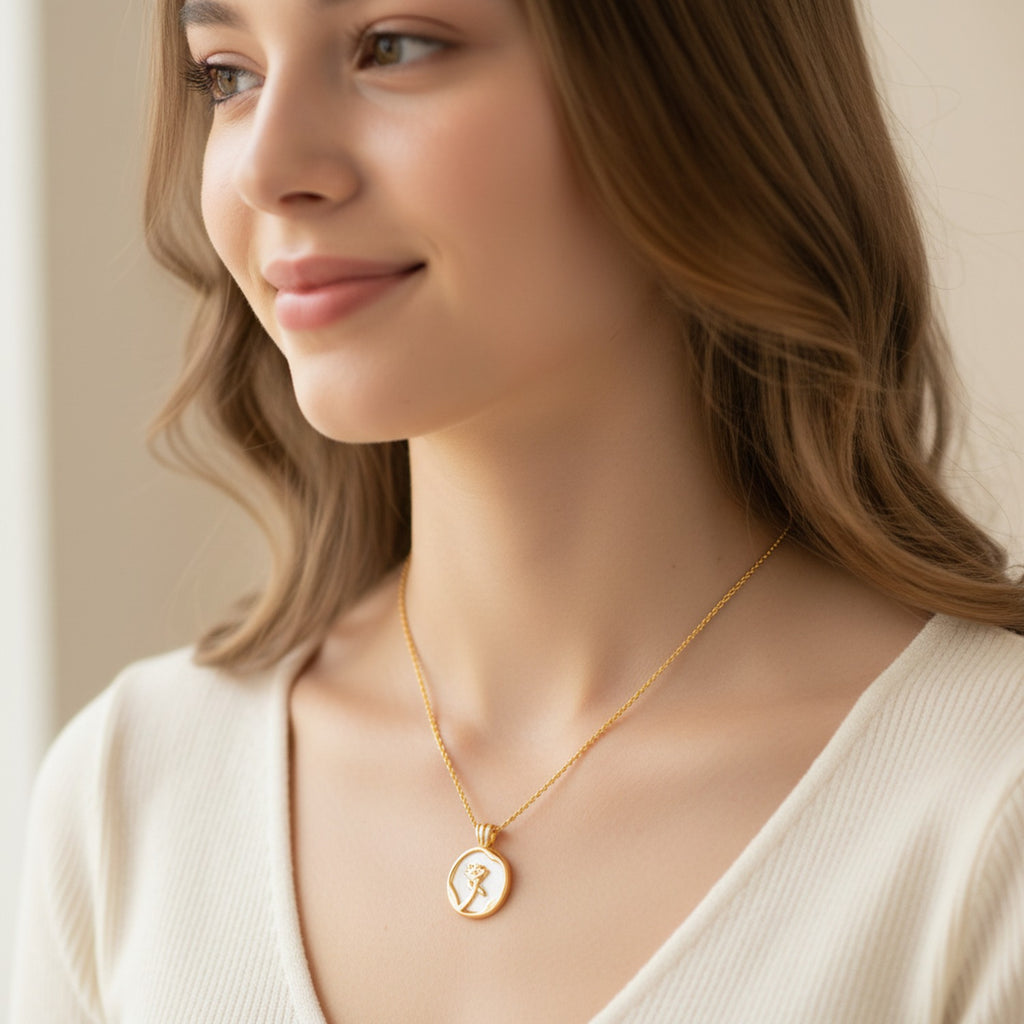 Gold Rose Pendant Circle Necklace