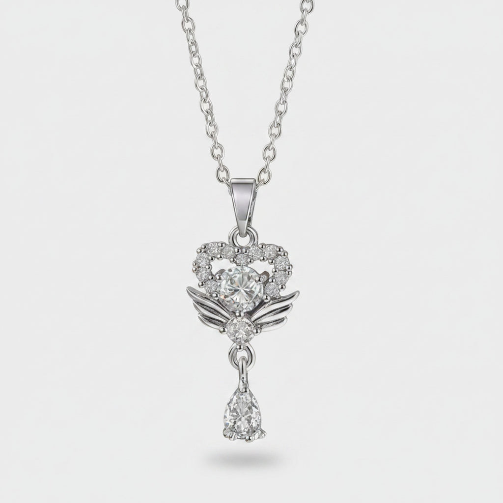 Silver Heart Butterfly Wing Cubic Zirconia Necklace