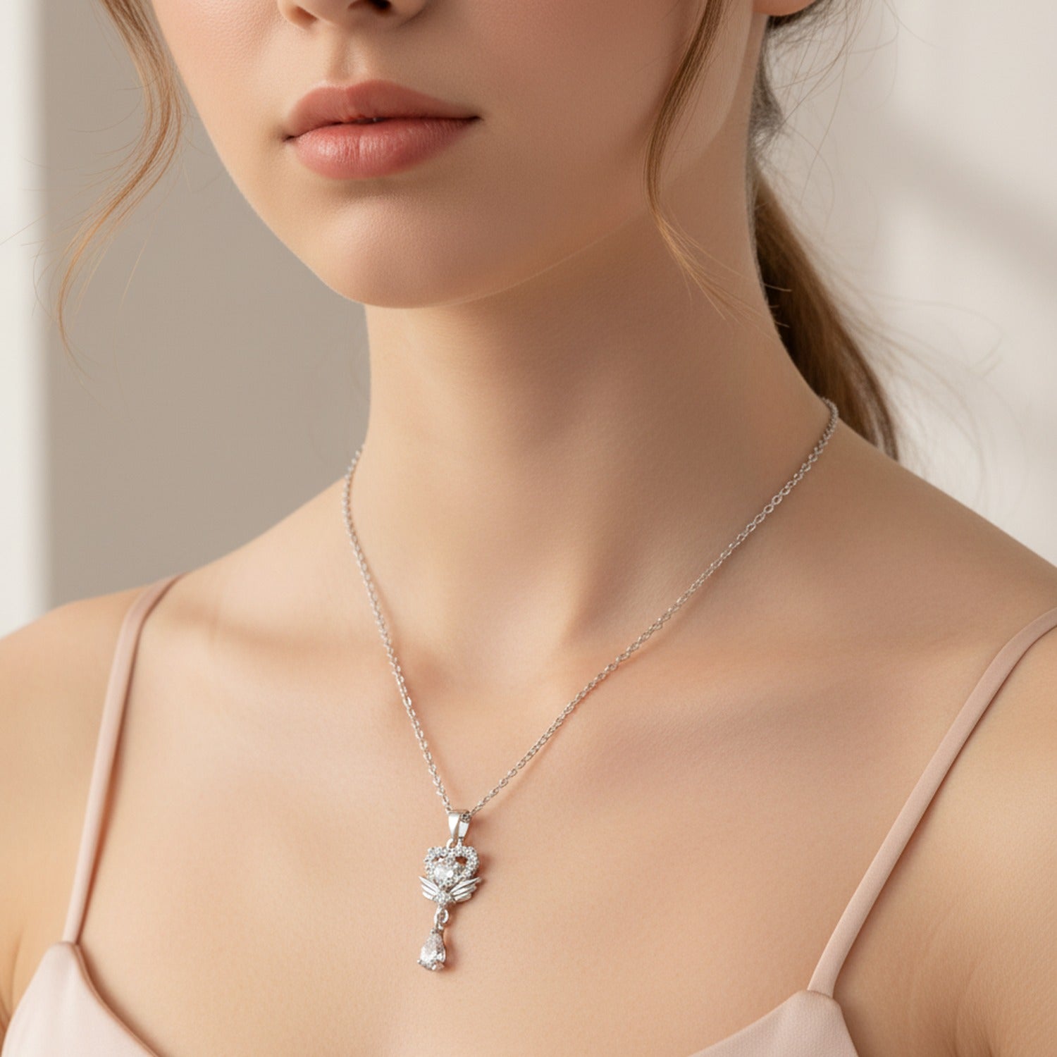 Silver Heart Butterfly Wing Cubic Zirconia Necklace