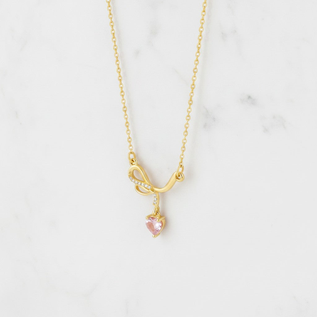 Heart Pendant Necklace With Rhinestone Bow - Butterfly Bow Pink Diamond Heart Necklace Gold #9435 – jewelry (view 3)