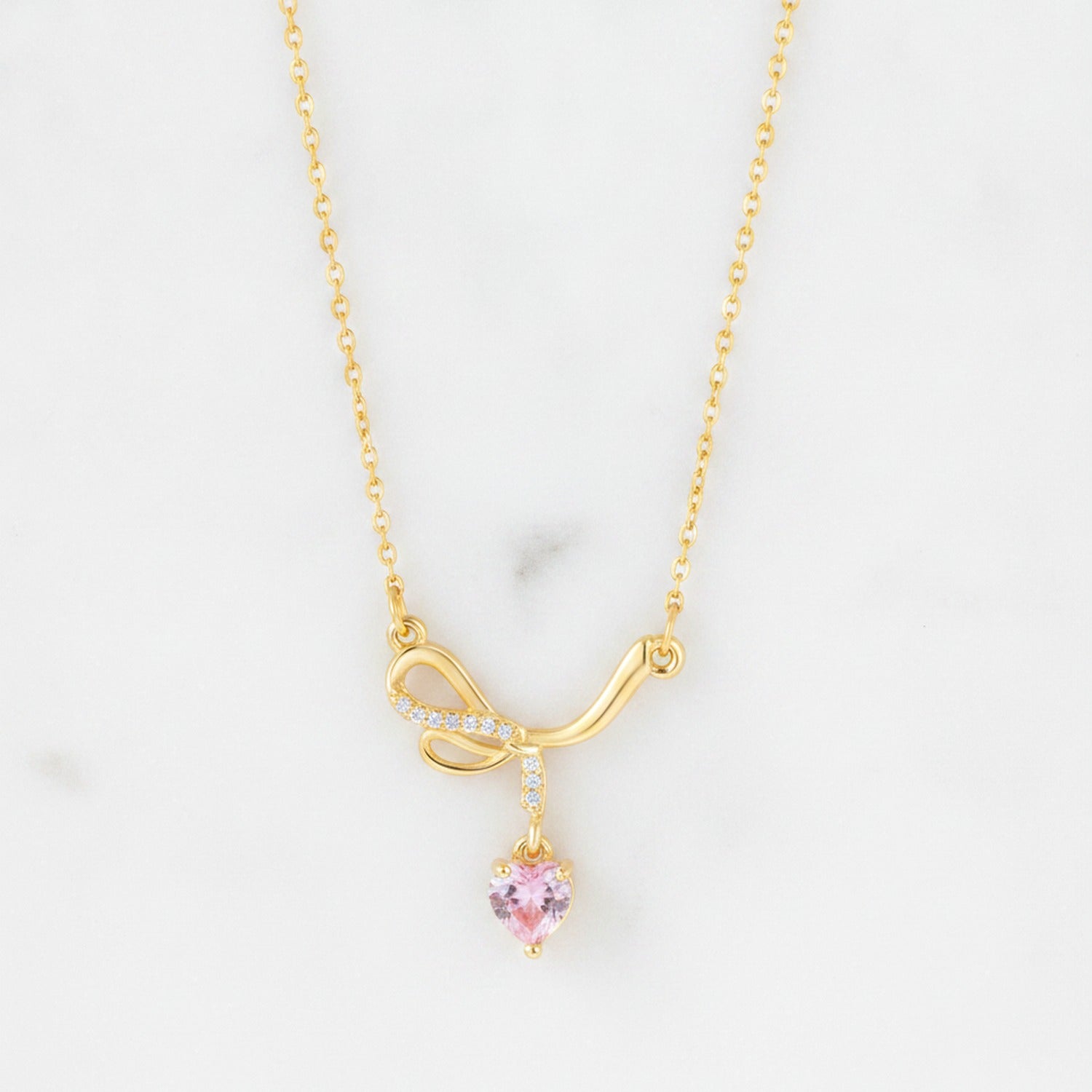 Heart Pendant Necklace With Rhinestone Bow - Butterfly Bow Pink Diamond Heart Necklace Gold #9435