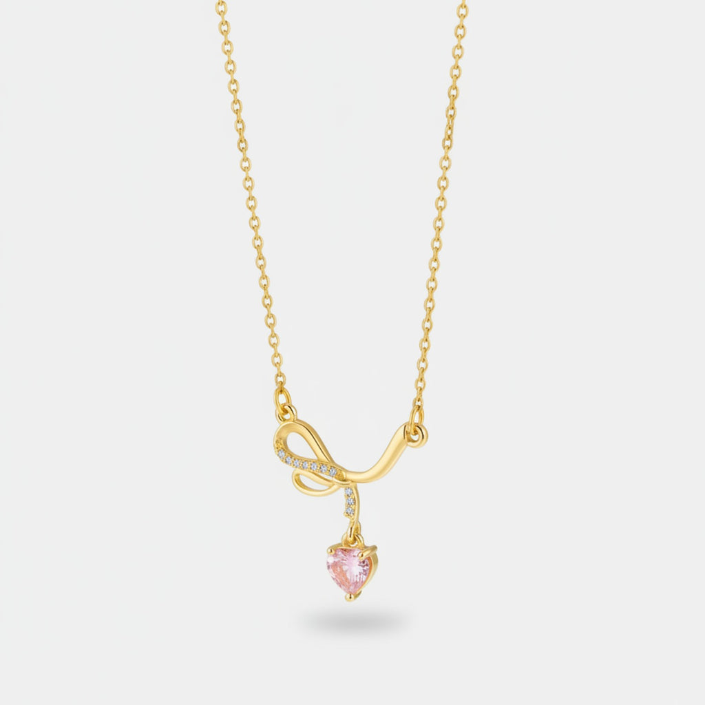Heart Pendant Necklace With Rhinestone Bow - Butterfly Bow Pink Diamond Heart Necklace Gold #9435