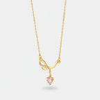 Heart Pendant Necklace With Rhinestone Bow - Butterfly Bow Pink Diamond Heart Necklace Gold #9435