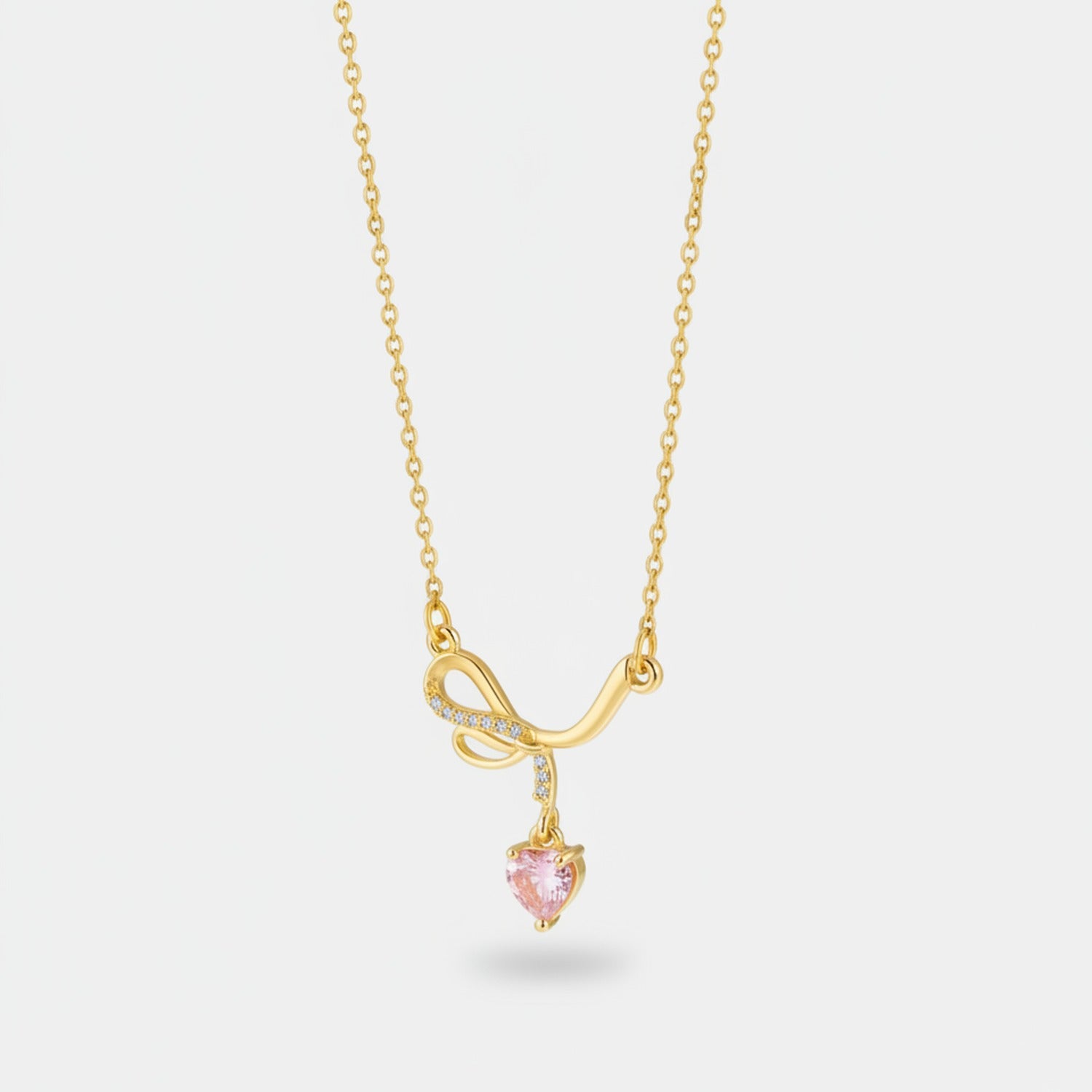 Heart Pendant Necklace With Rhinestone Bow - Butterfly Bow Pink Diamond Heart Necklace Gold #9435