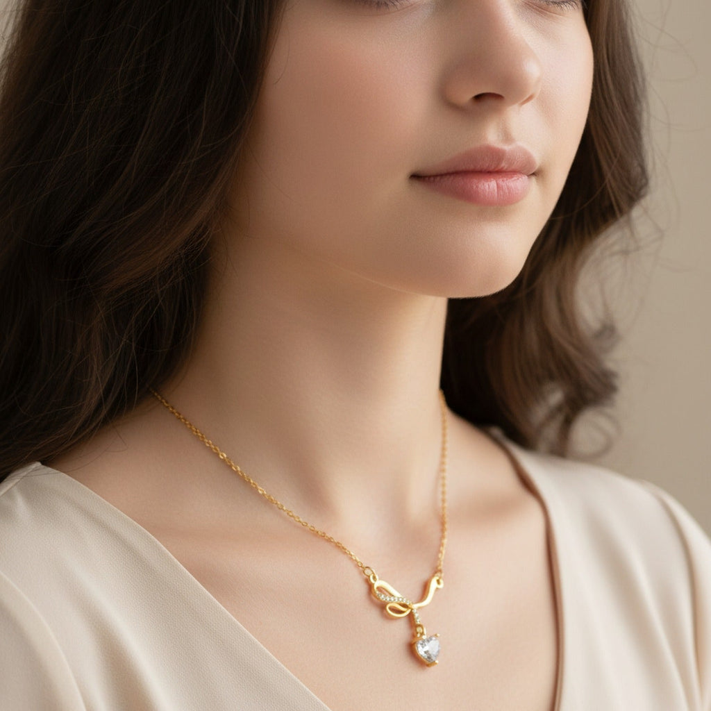 Heart Pendant Necklace With Rhinestone Bow - Butterfly Bow White Diamond Heart Necklace Gold #9436