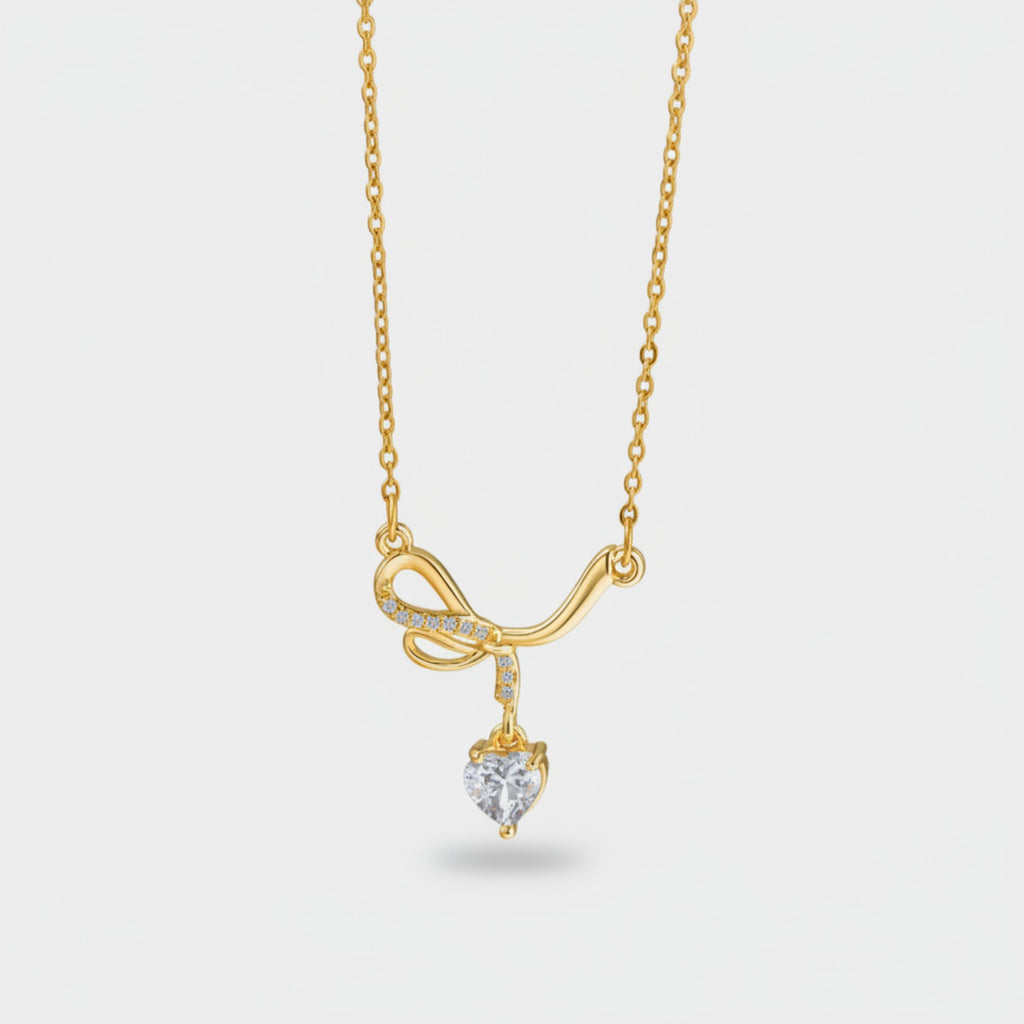Heart Pendant Necklace With Rhinestone Bow - Butterfly Bow White Diamond Heart Necklace Gold #9436 – jewelry (view 1)