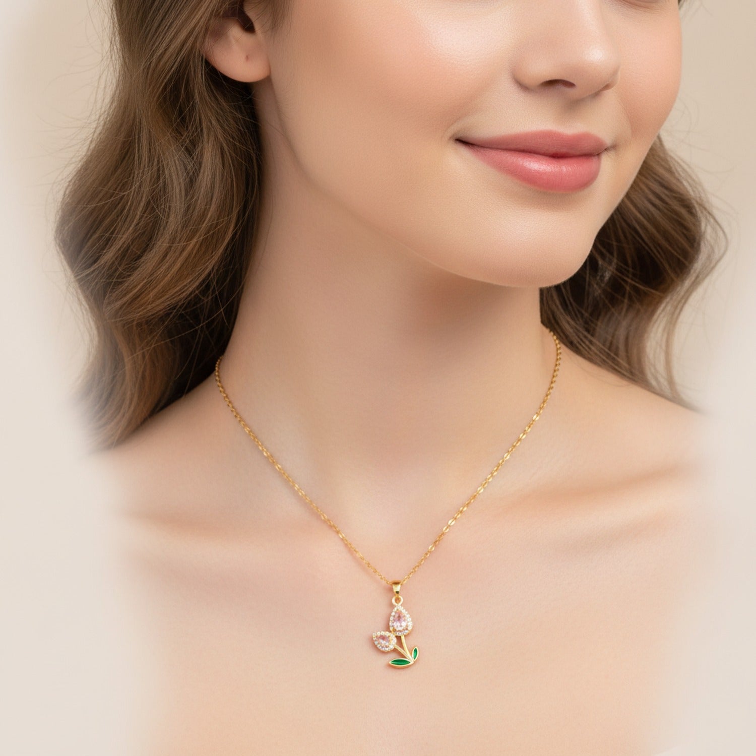 Pink Flower Teardrop Rhinestone Gold Chain Necklace
