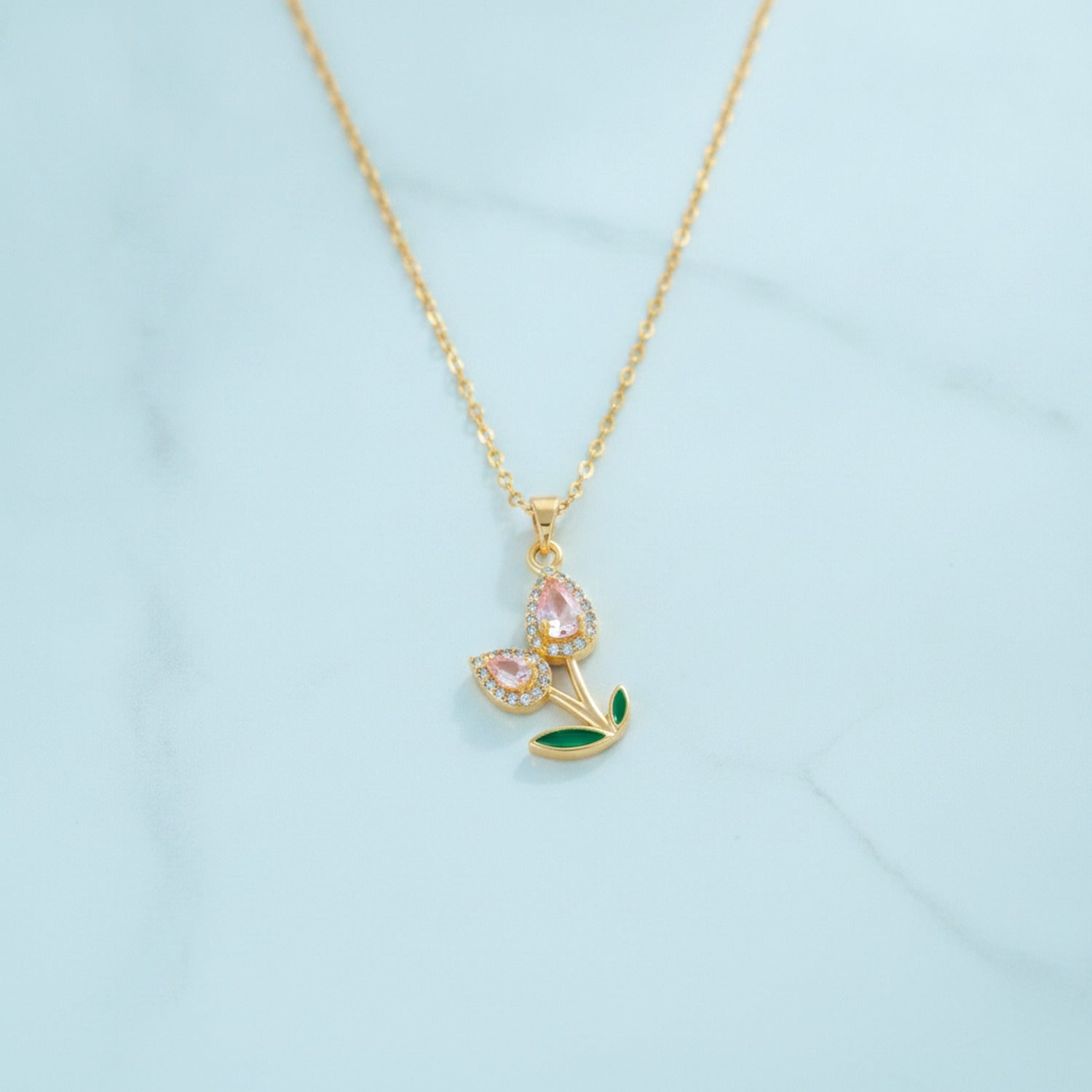 Flower Teardrop Rhinestone Chain Necklace - Pink Diamond Tulip Necklace Gold
