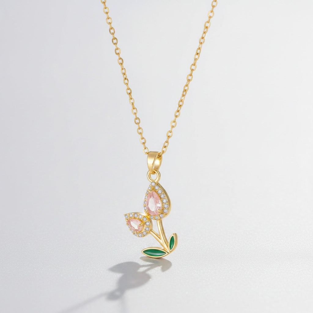 Flower Teardrop Rhinestone Chain Necklace - Pink Diamond Tulip Necklace Gold