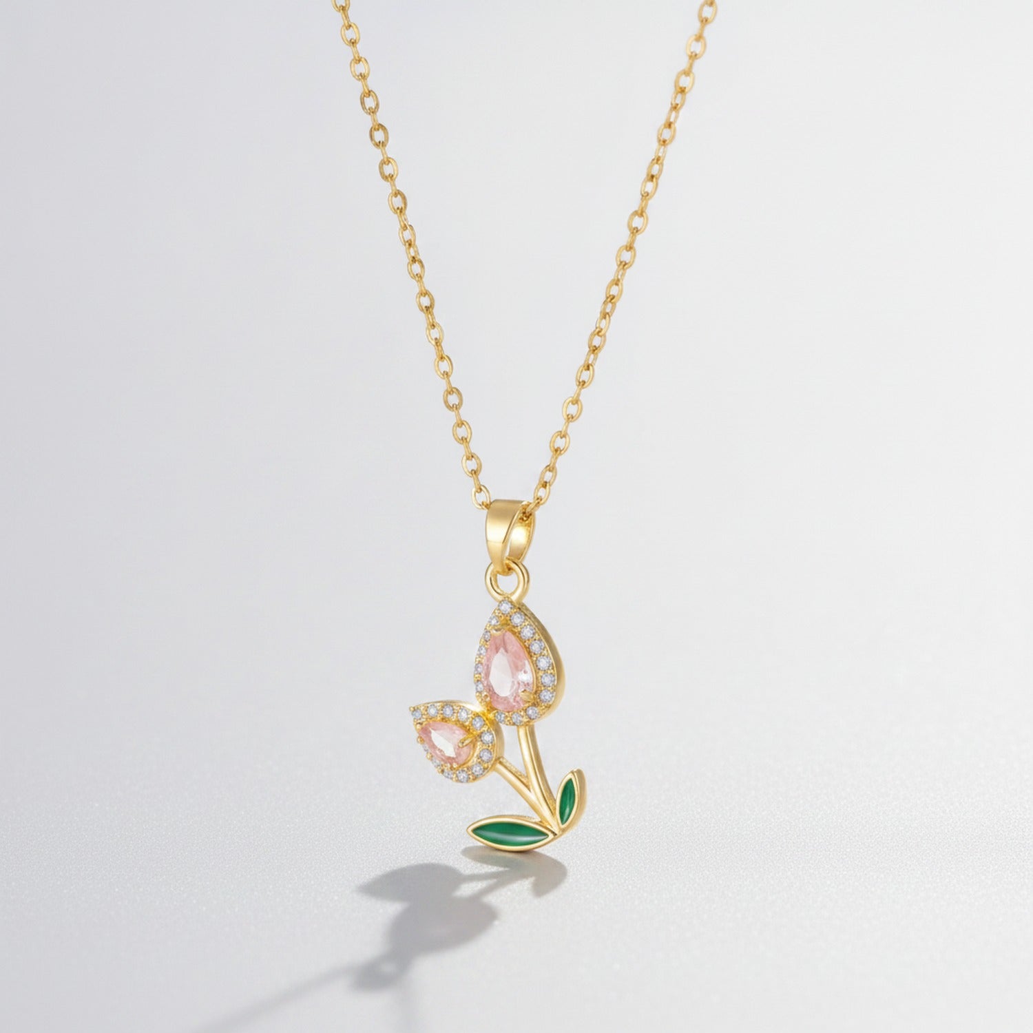Flower Teardrop Rhinestone Chain Necklace - Pink Diamond Tulip Necklace Gold