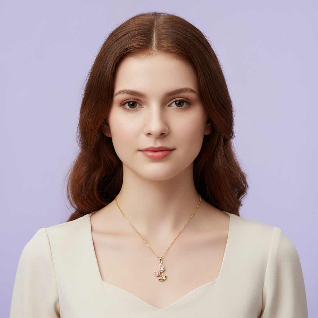 Flower Teardrop Rhinestone Chain Necklace - Pink Diamond Tulip Necklace Gold