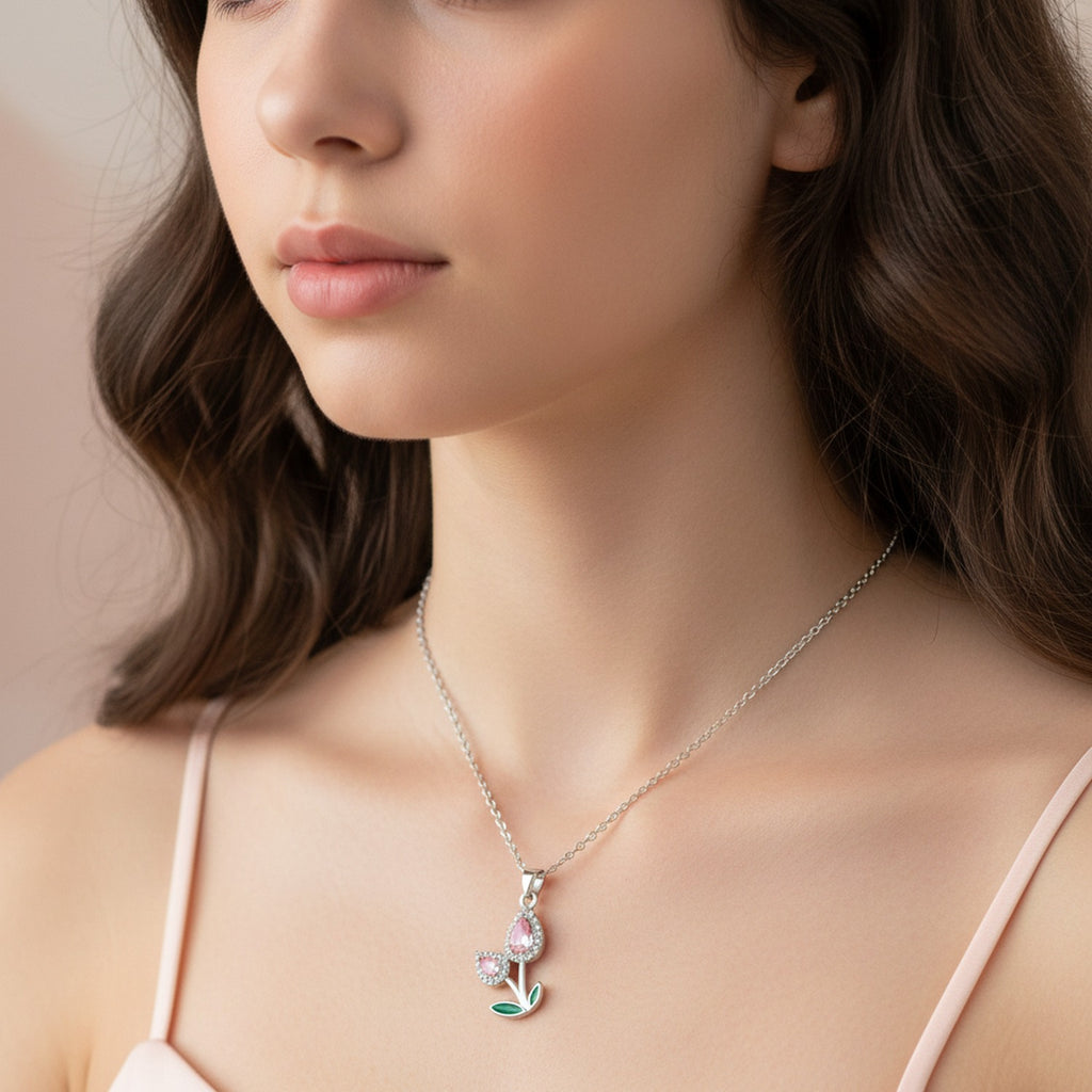 Flower Teardrop Rhinestone Chain Necklace - Pink Diamond Tulip Necklace Silver #9464 – jewelry (view 2)