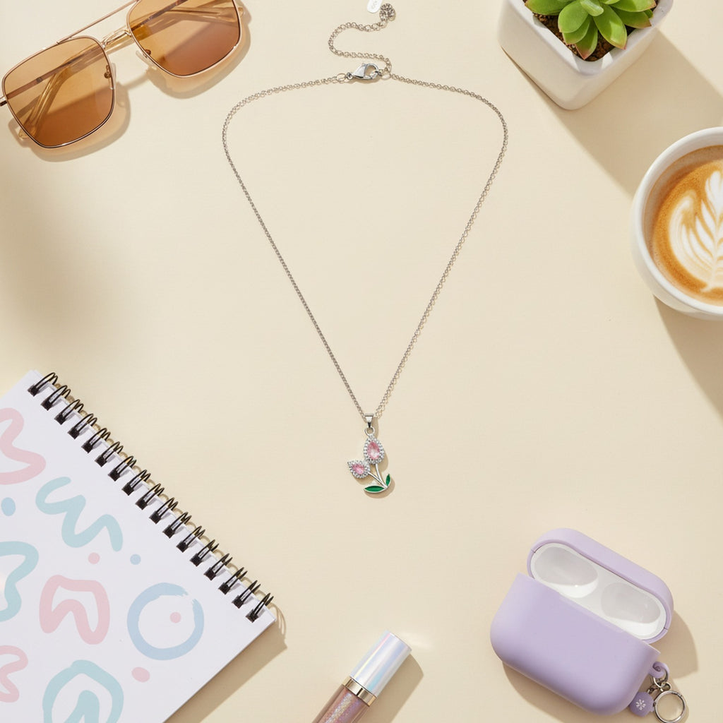 Flower Teardrop Rhinestone Chain Necklace - Pink Diamond Tulip Necklace Silver #9464 – jewelry (view 3)