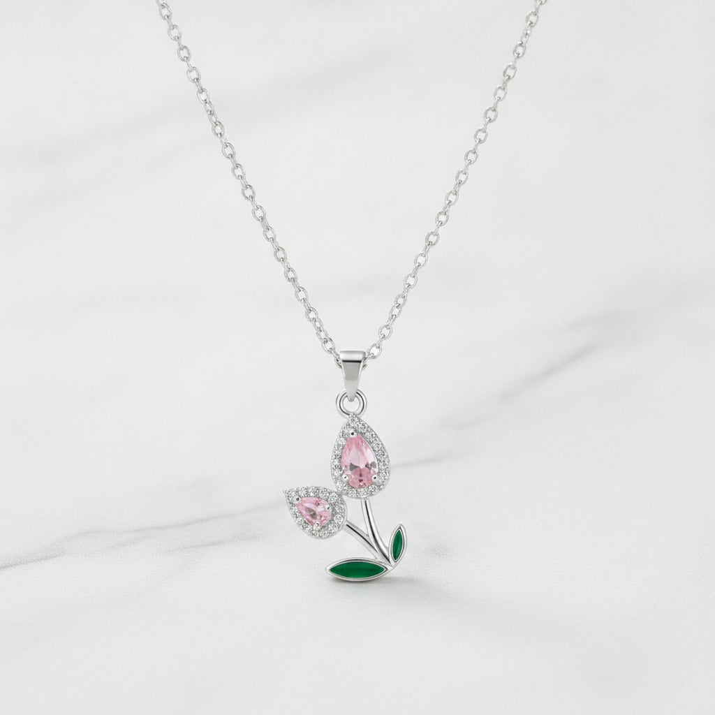 Flower Teardrop Rhinestone Chain Necklace - Pink Diamond Tulip Necklace Silver #9464