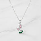 Flower Teardrop Rhinestone Chain Necklace - Pink Diamond Tulip Necklace Silver #9464
