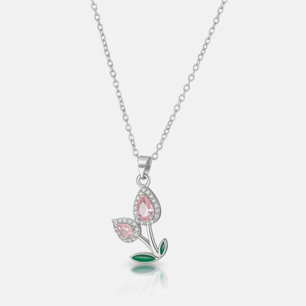 Flower Teardrop Rhinestone Chain Necklace - Pink Diamond Tulip Necklace Silver #9464