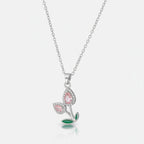 Flower Teardrop Rhinestone Chain Necklace - Pink Diamond Tulip Necklace Silver #9464