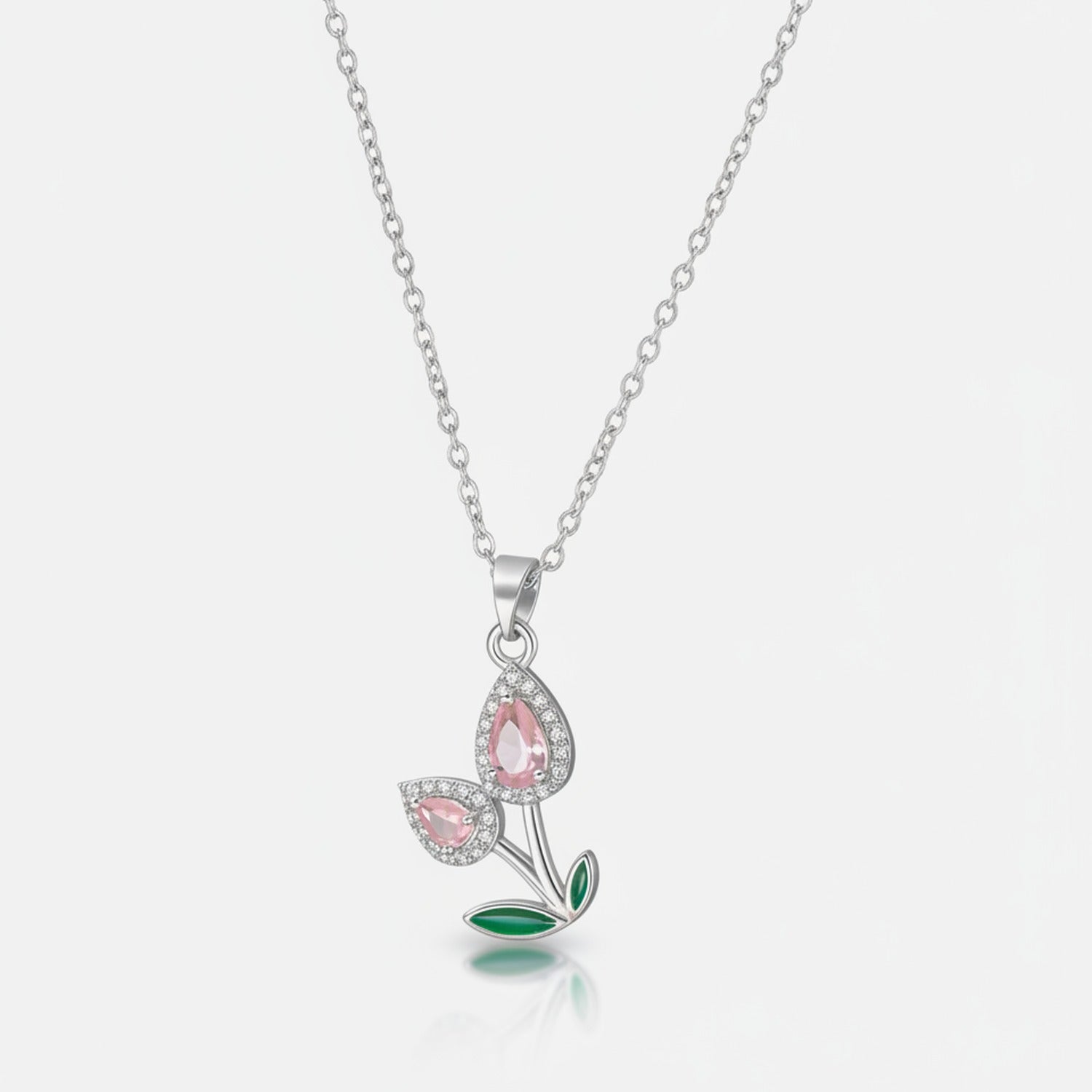 Flower Teardrop Rhinestone Chain Necklace - Pink Diamond Tulip Necklace Silver #9464