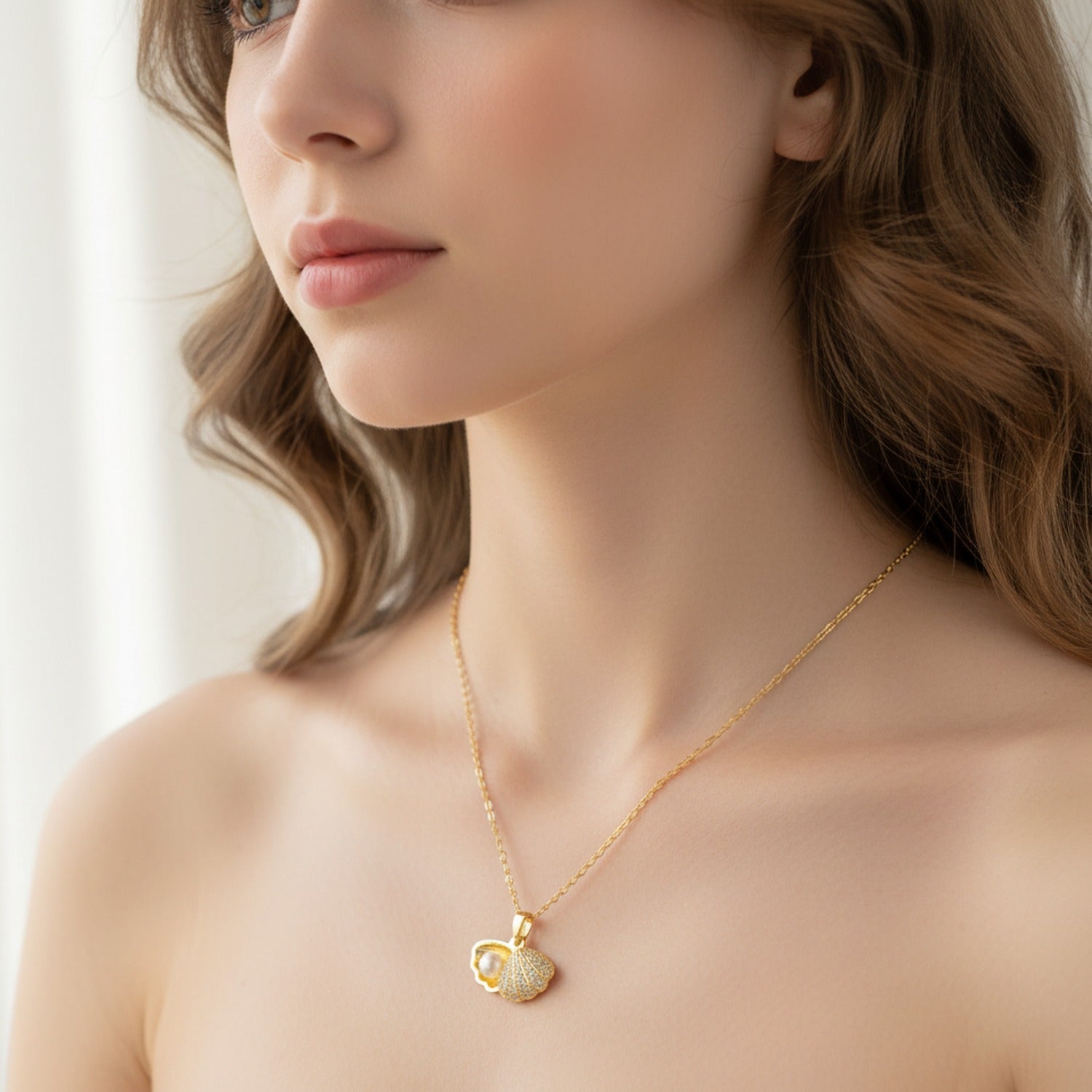 Pearl Shell Pendant Chain Necklace - Pearl Shell Necklace Gold #8119