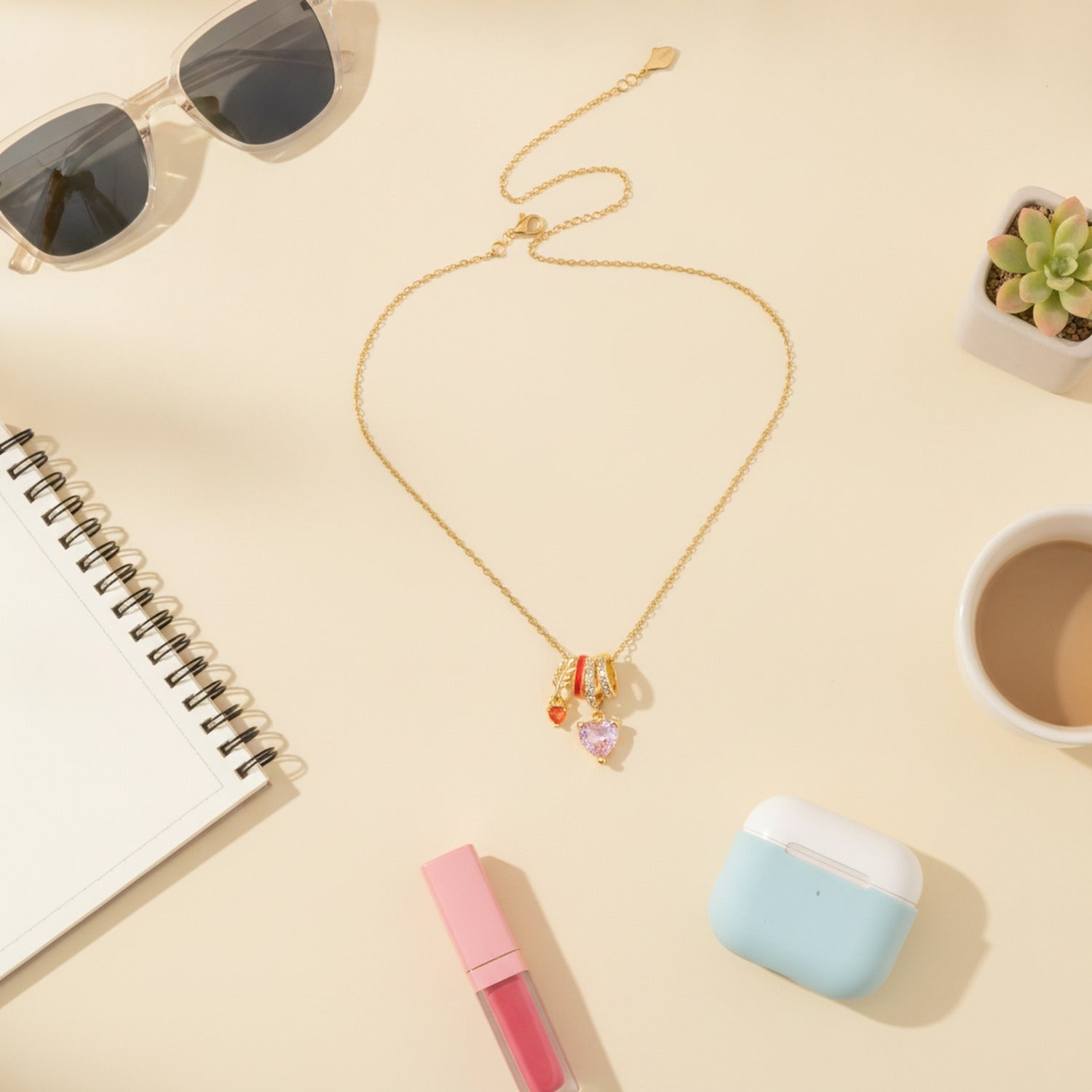 Gold Heart Charm Necklace with Rhinestones