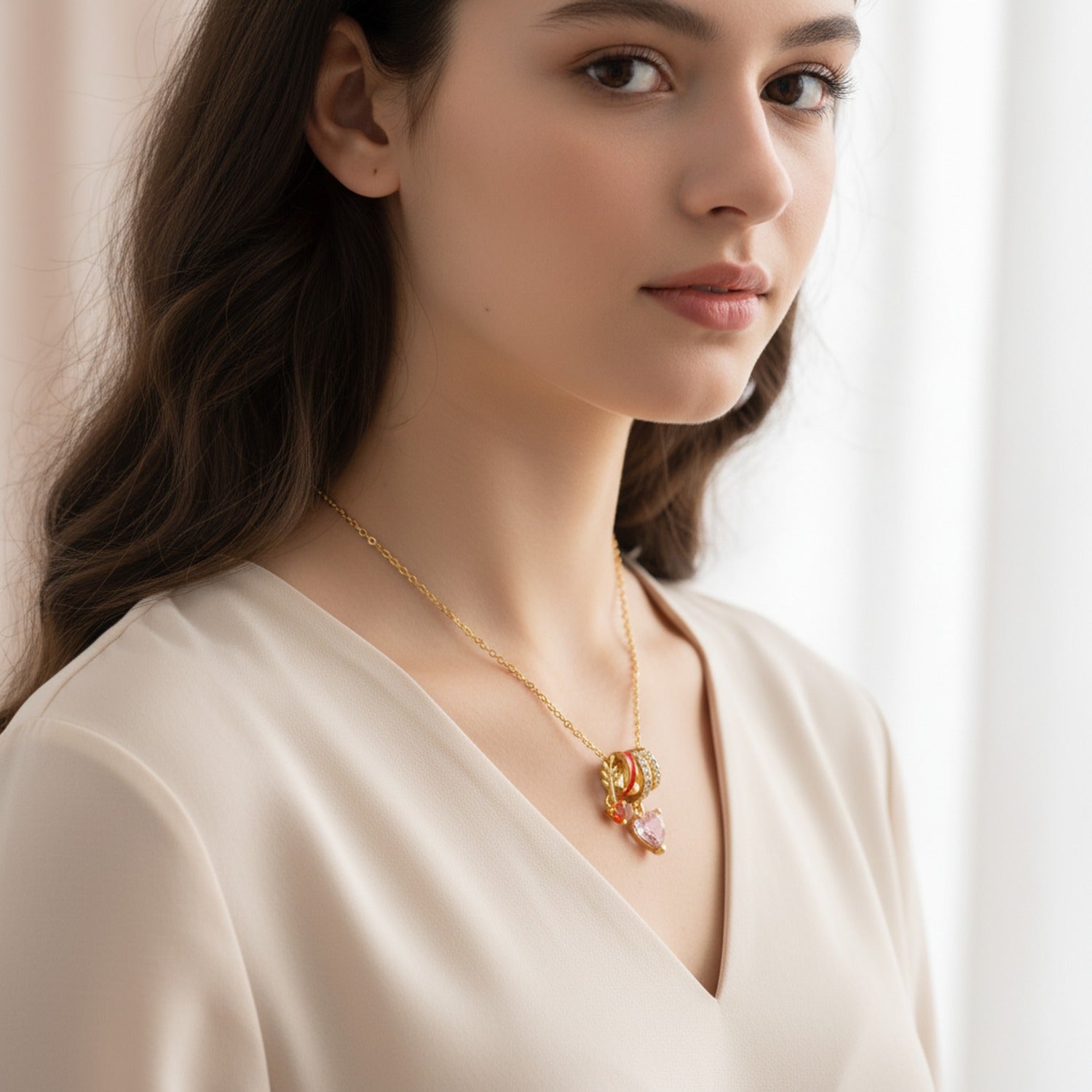 Gold Heart Charm Necklace with Rhinestones