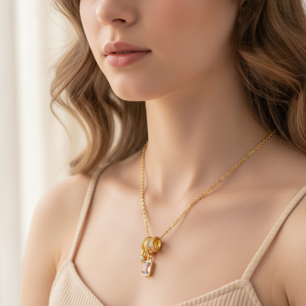 Gold Rectangular Gemstone Charm Pendant Necklace