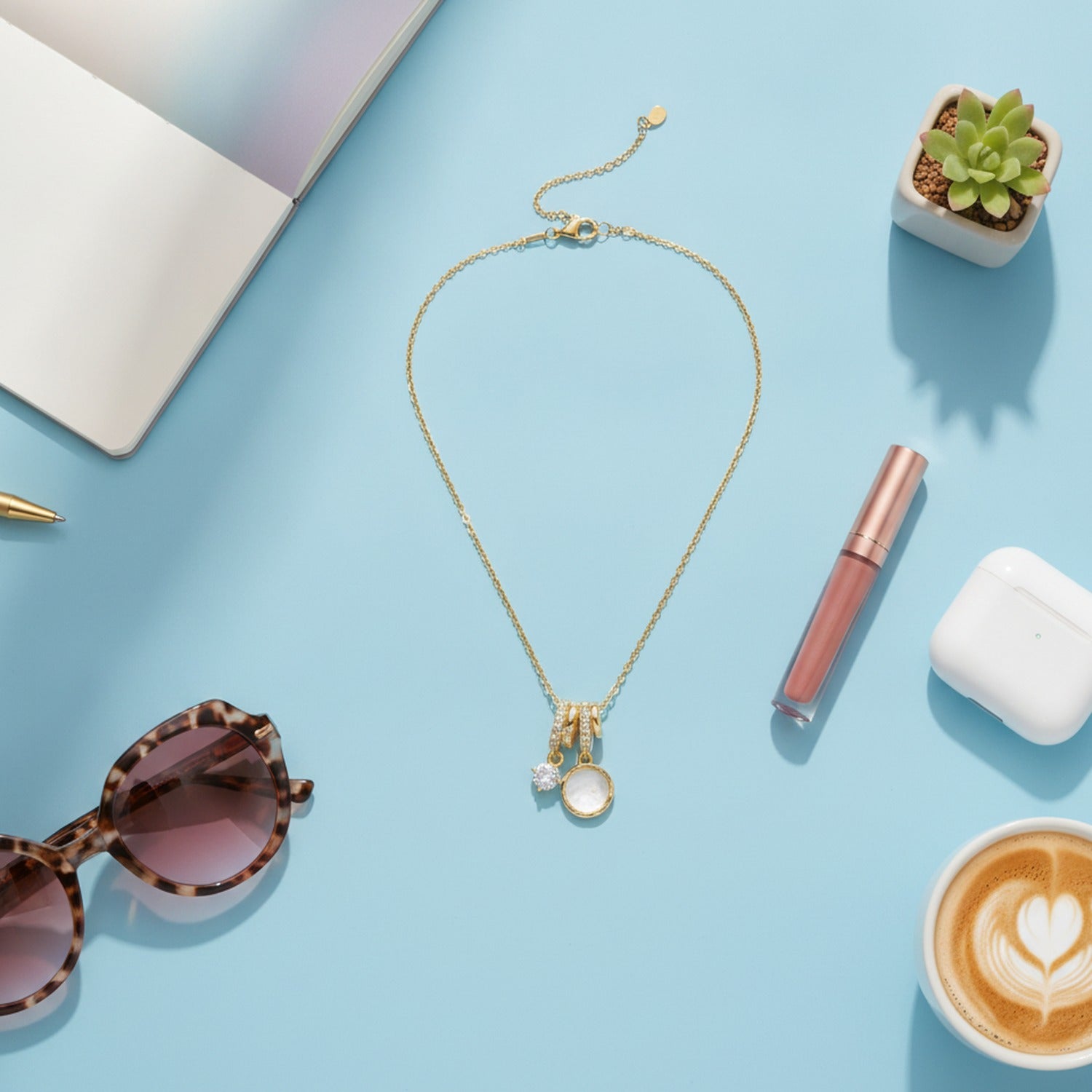 Gold Moonstone Charm Pendant Necklace