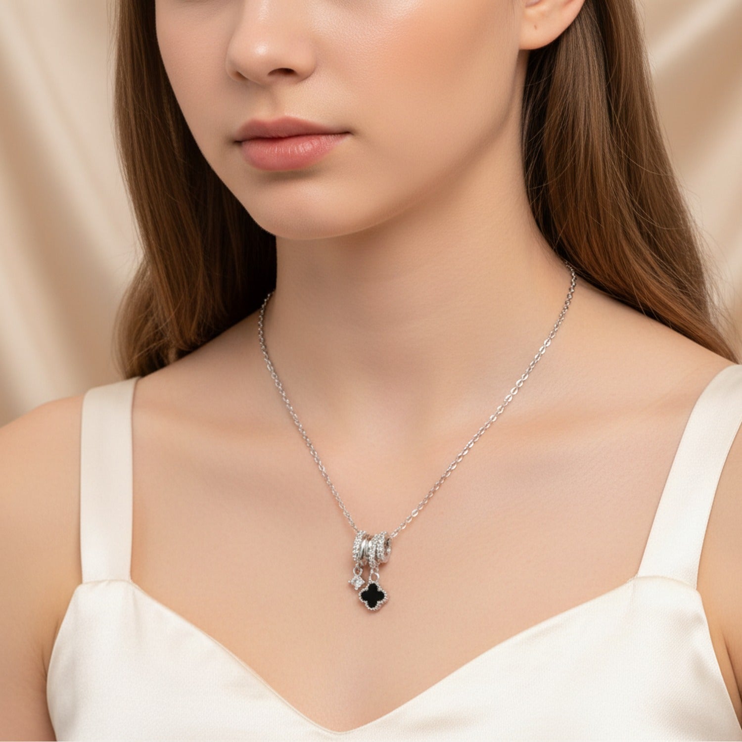 Black Clover Charm Rhinestone Silver Necklace - Sparkling Black Clover Necklace Silver #8305