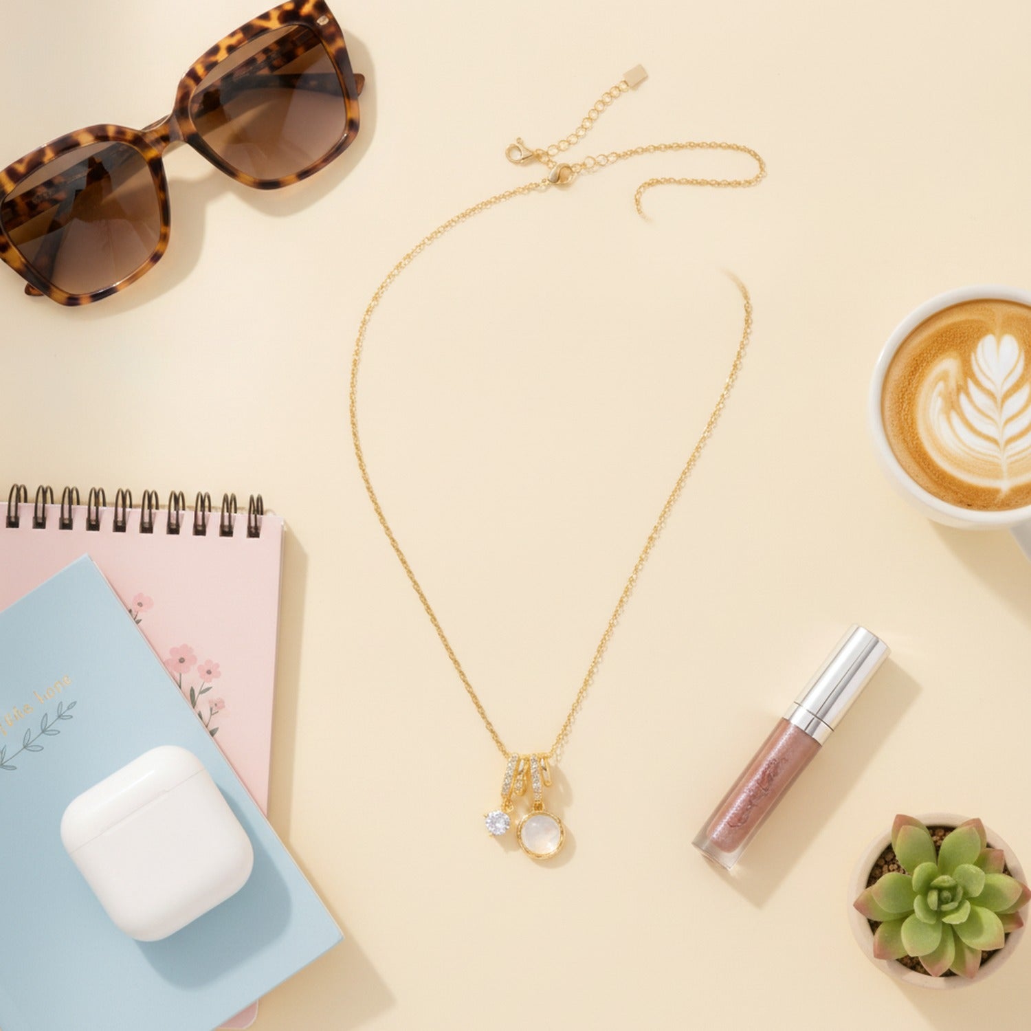 Gold Pearl Charm Pendant Necklace