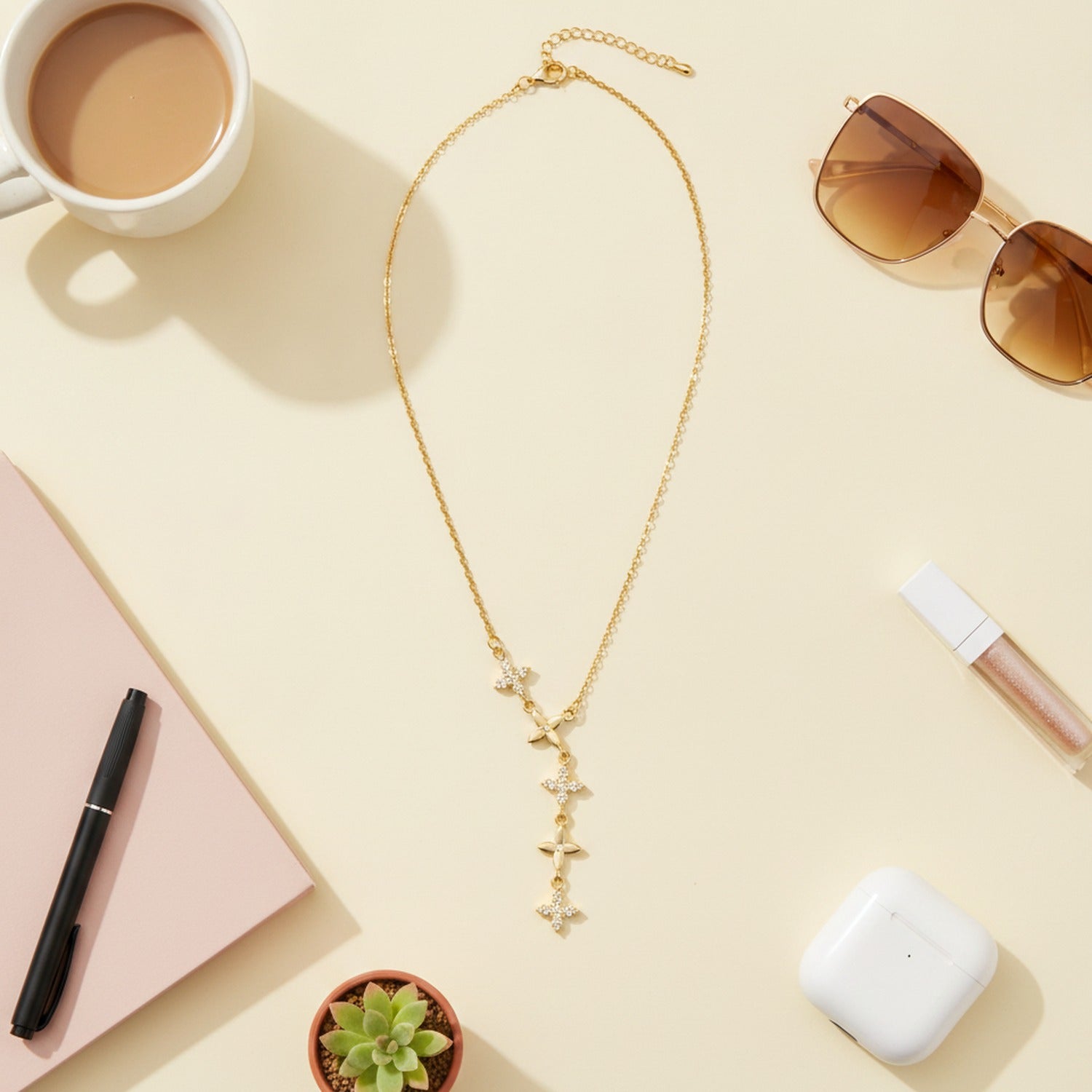 Gold Four-Leaf Clover Flower Charm Necklace