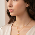 Pink Teardrop Crystal Gold Filigree Pendant Necklace
