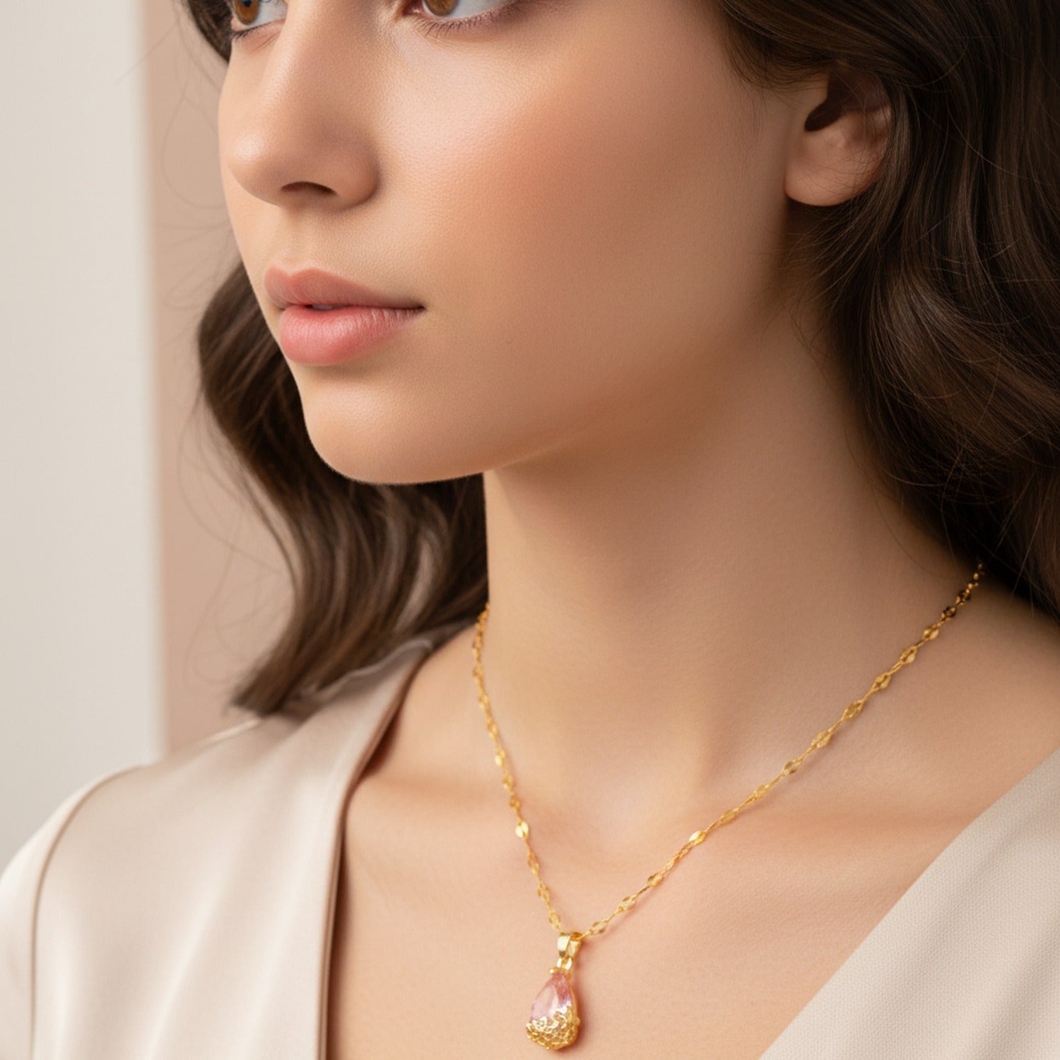 Pink Teardrop Crystal Gold Filigree Pendant Necklace