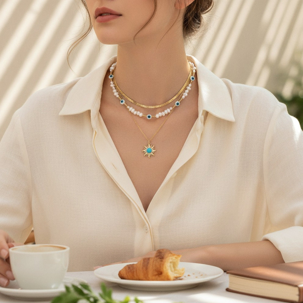Layered Pearl Evil Eye Sun Pendant Necklace – jewelry (view 2)