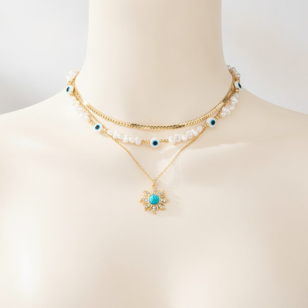 Layered Pearl Evil Eye Sun Pendant Necklace – jewelry (view 1)