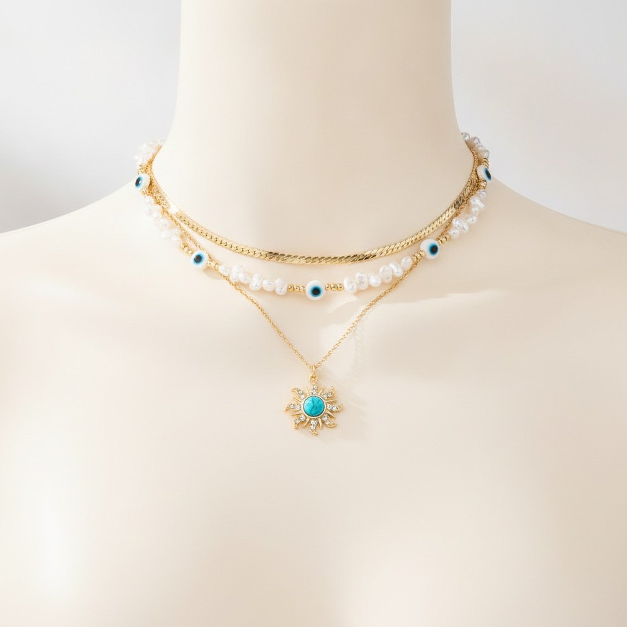 Layered Pearl Evil Eye Sun Pendant Necklace – jewelry (view 1)