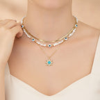 Layered Pearl Evil Eye Sun Pendant Necklace – jewelry (view 3)