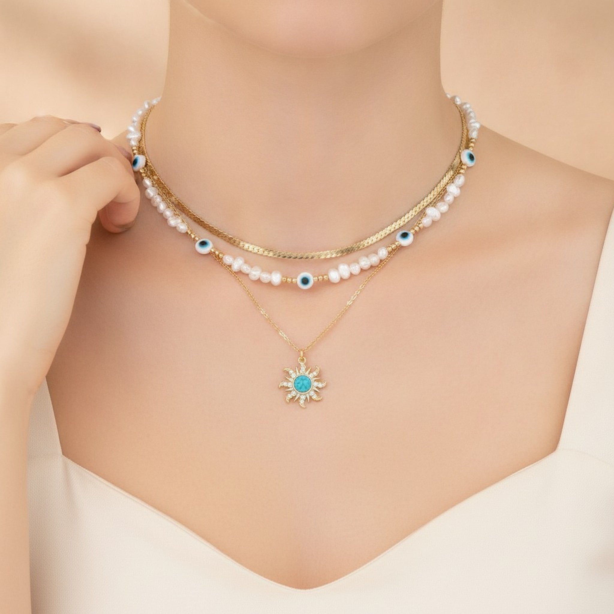 Layered Pearl Evil Eye Sun Pendant Necklace – jewelry (view 3)