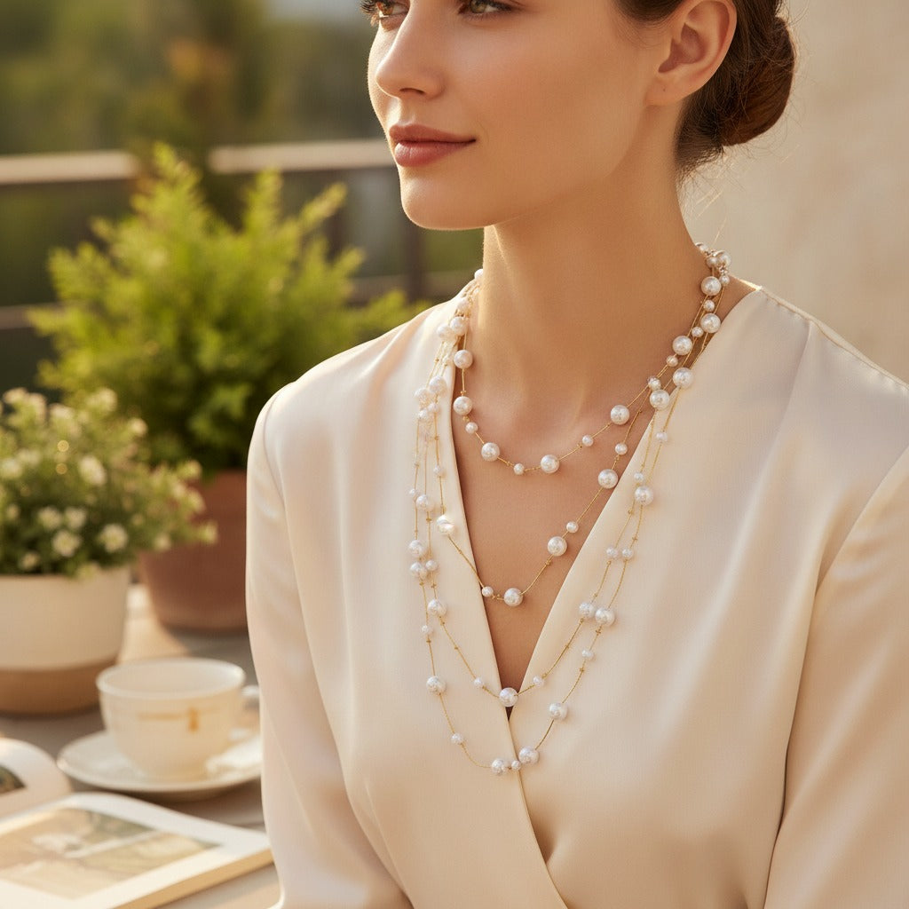 Layered Pearl Gold Chain Necklace – jewelry (view 2)
