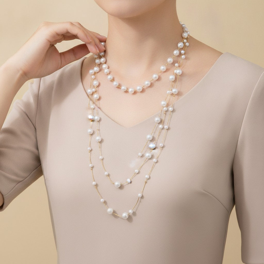 Layered Pearl Gold Chain Necklace – jewelry (view 3)