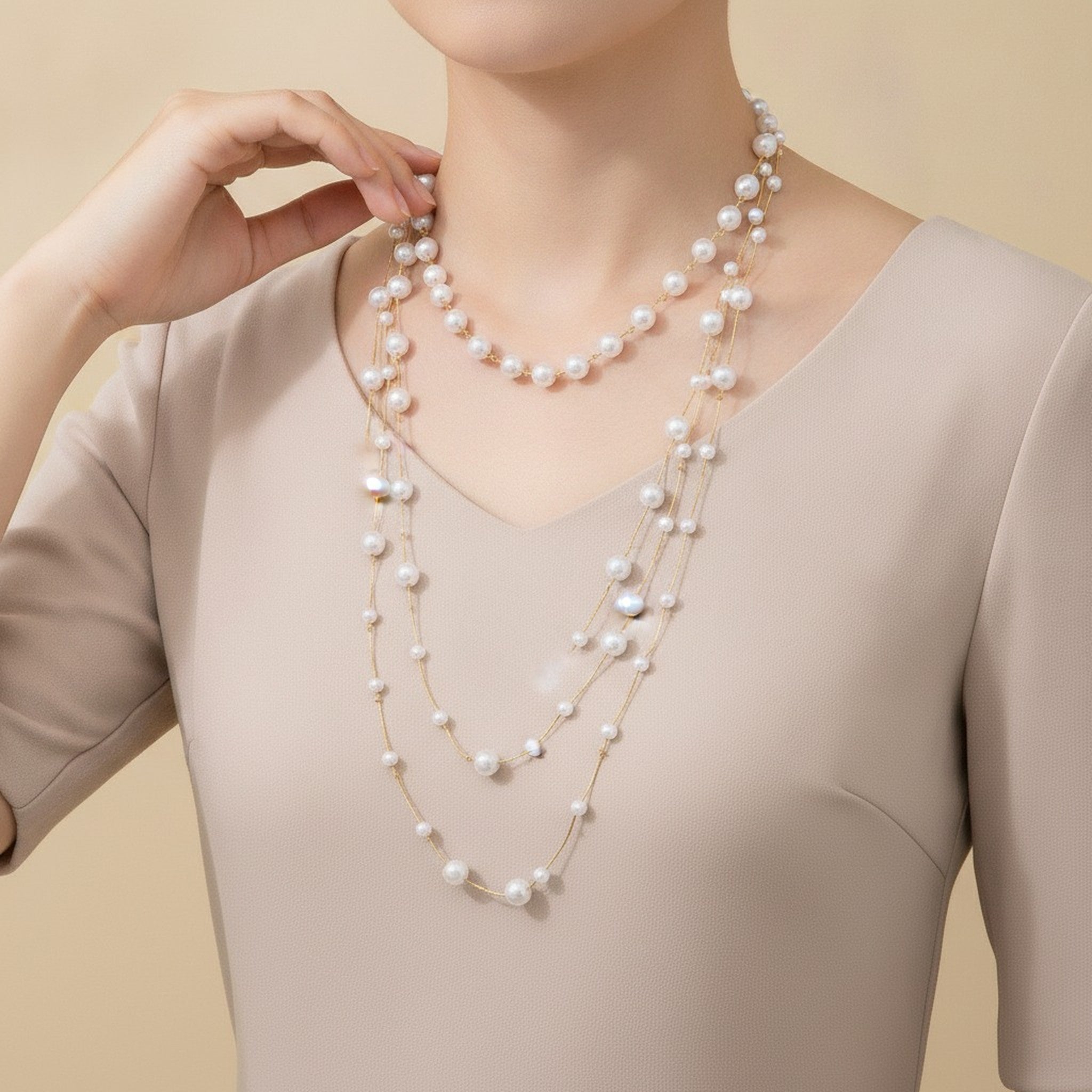 Layered Pearl Gold Chain Necklace – jewelry (view 3)