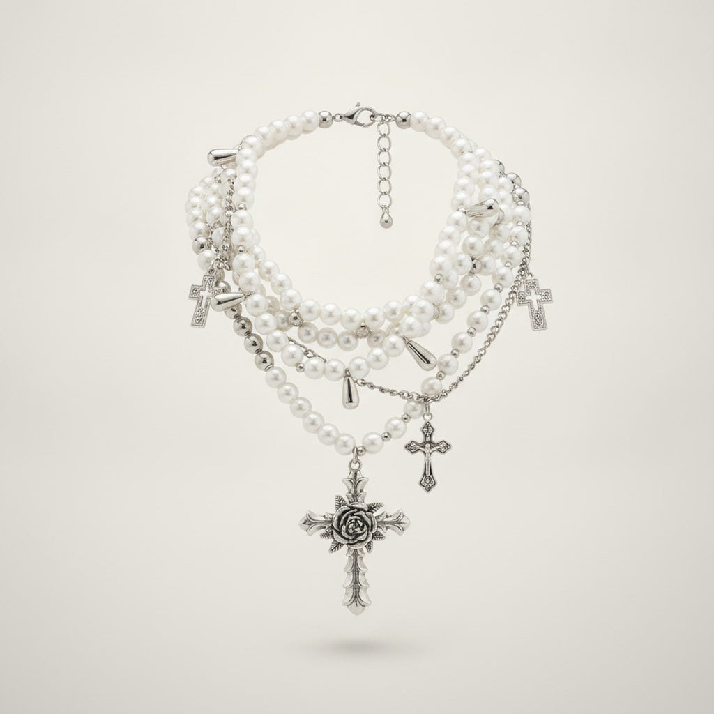 Multi-Layer Pearl Cross Pendant Necklace – jewelry (view 1)