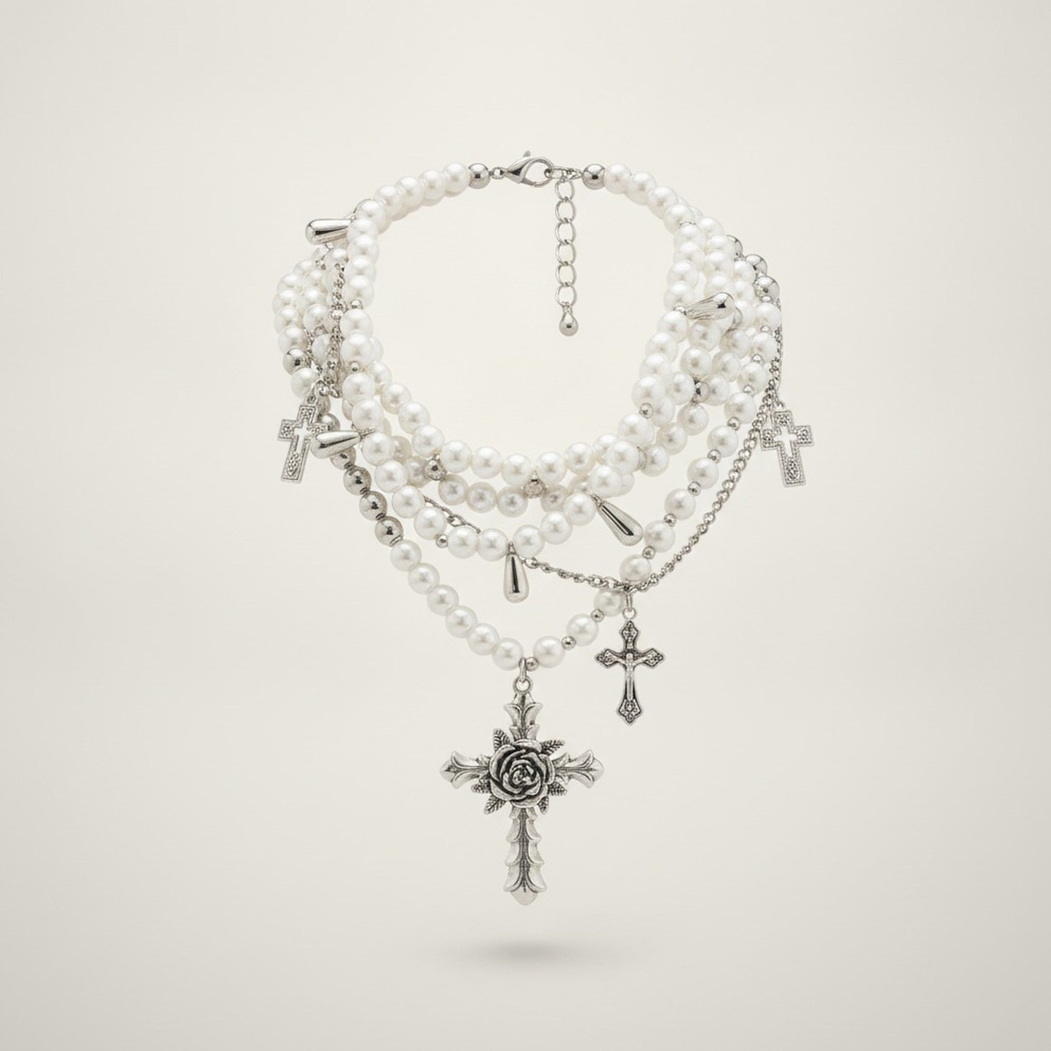 Multi-Layer Pearl Cross Pendant Necklace – jewelry (view 1)