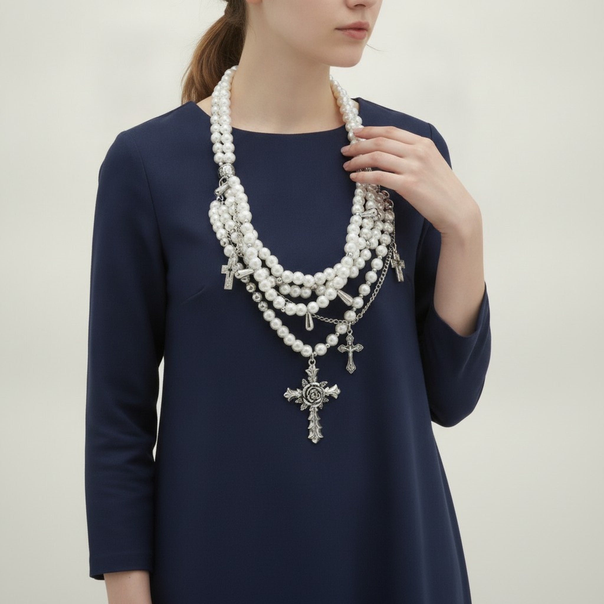 Multi-Layer Pearl Cross Pendant Necklace – jewelry (view 3)