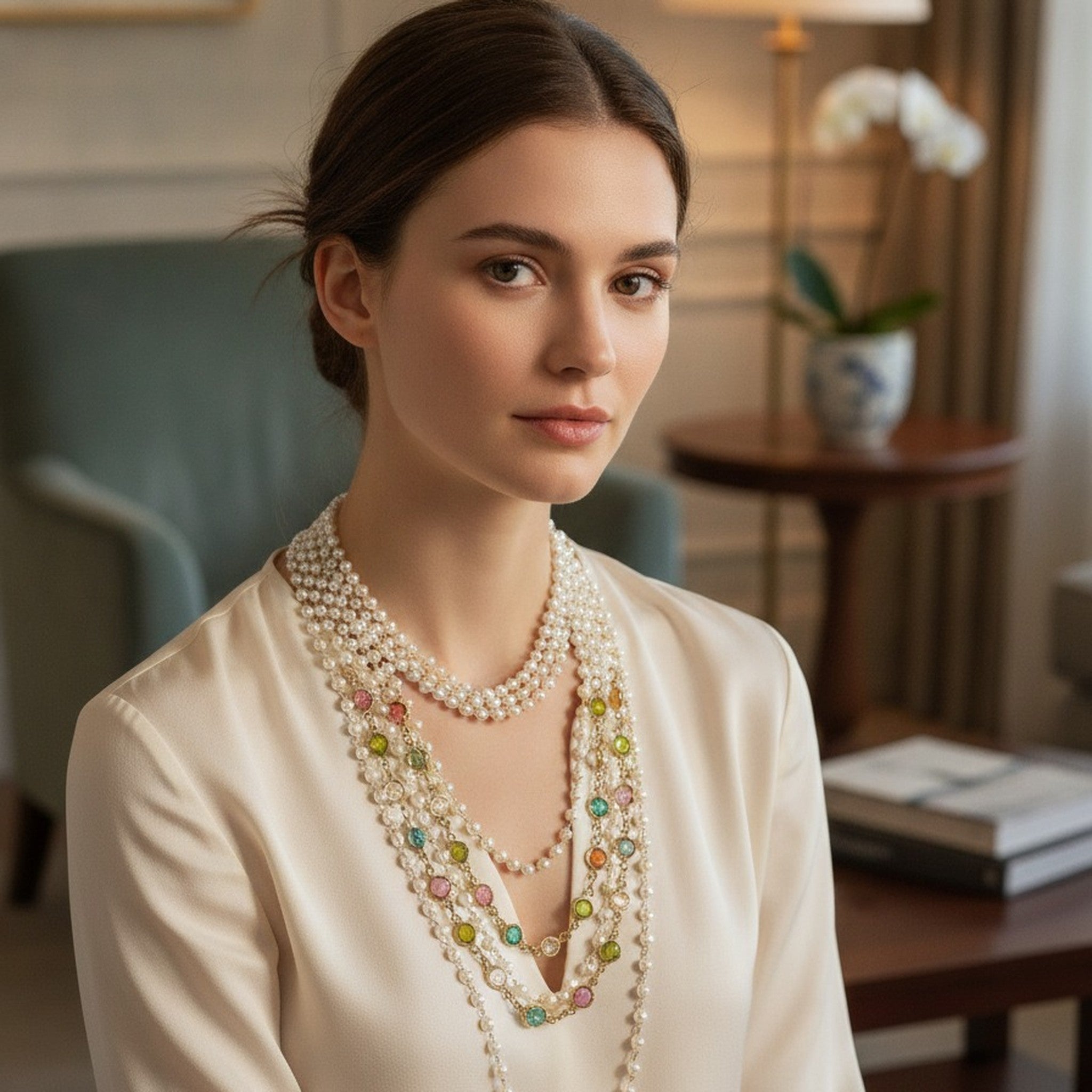 Elegant Multi-Layer Pearl and Crystal Necklace – jewelry (view 2)
